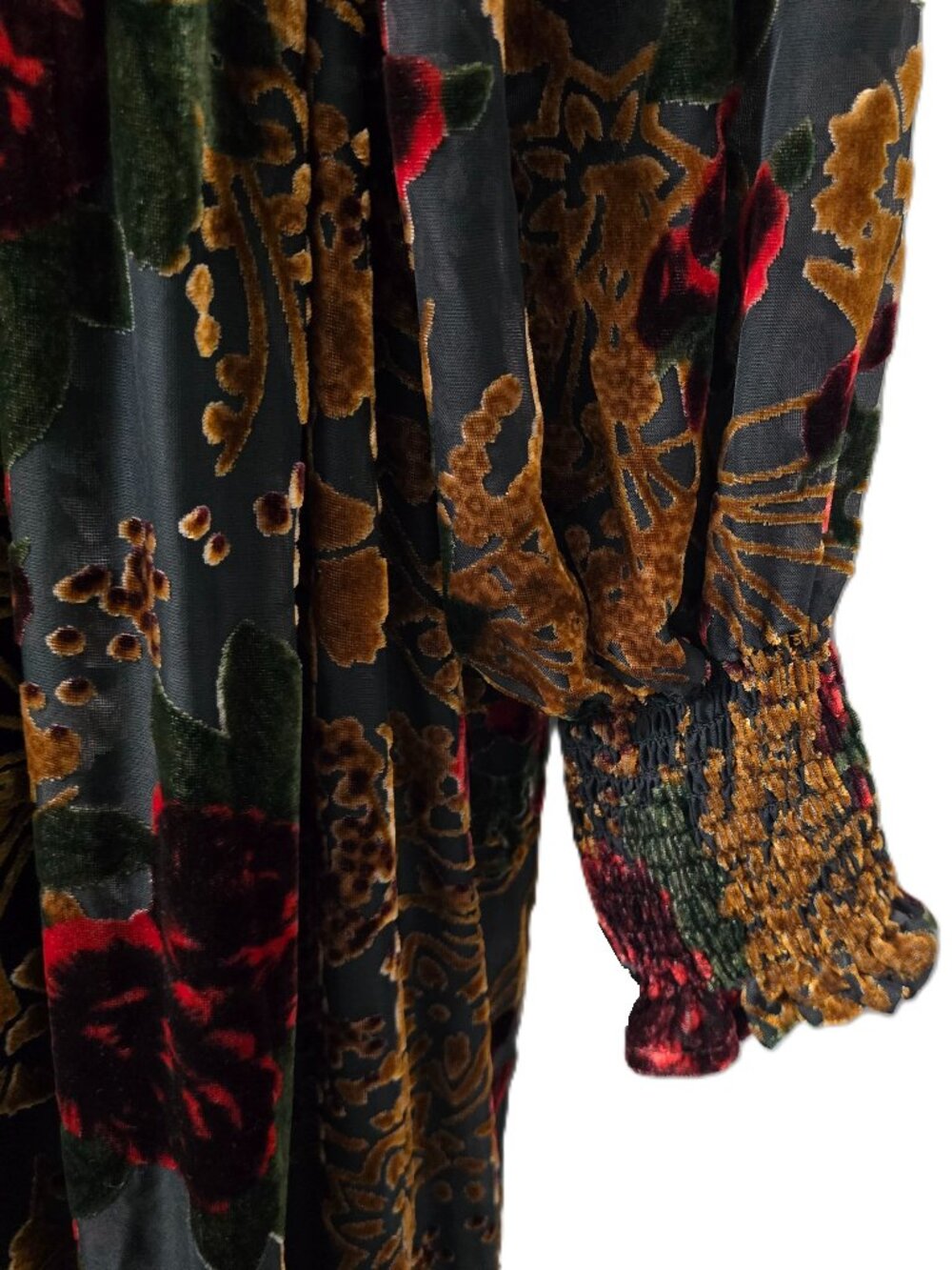 Baltic Born Velvet Burnout Dress L Maxi Puff Sleeve Smocked Black Copper Floral - Picture 9 of 12